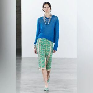 Zara Limited Edition Floral Jacquard Midi Skirt XS Teal Gold Brocade Elegant